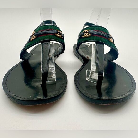 Gucci Siryo GG Web Strap Flat Leather Sandals Interlocking Black Thong EU 36.5 - Picture 6 of 12